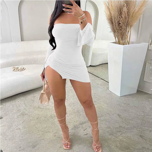 Women's Black Strapless Backless Mini Dress Off-Shoulder Long Sleeve Bodycon Club Party Dress for Women - Color: WHITE, Size: XS