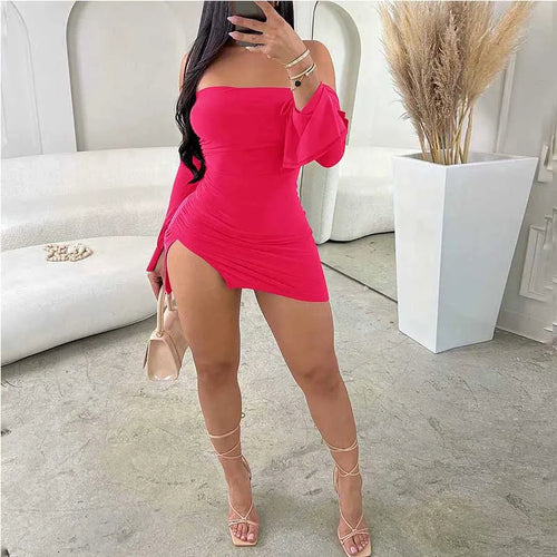 Women's Black Strapless Backless Mini Dress Off-Shoulder Long Sleeve Bodycon Club Party Dress for Women