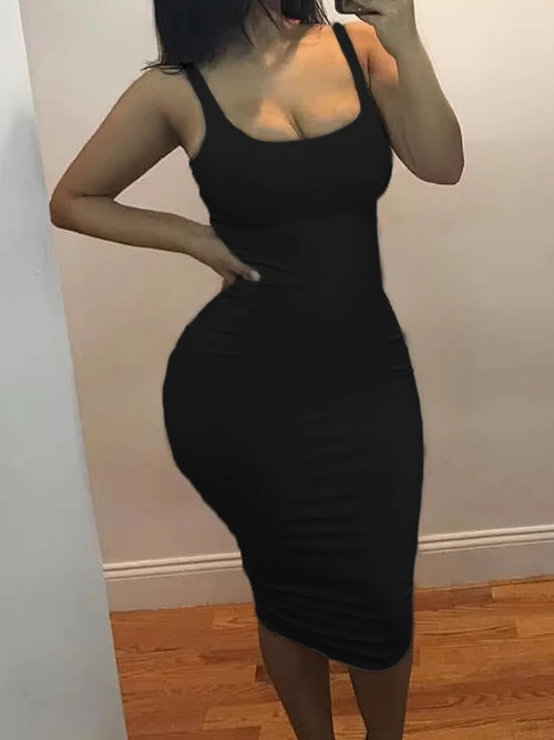 2024 Summer Sexy Tank Top Dress European and American Plus Size Solid Color Women's Sleeveless Mini Dress - Size: S, Color: Black