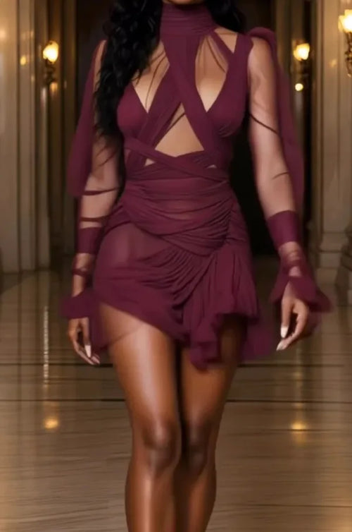 Modern Brown Short Evening Dresses Chiffon Full Sleeves High Collar Cocktail Dresses Pleated Birthday Party Gowns - Color: Red, Size: M